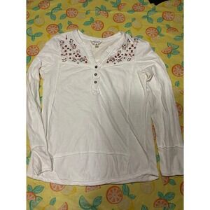 Boho Womens Lucky & Coco Embroidered Henley Top M White Long Sleeve